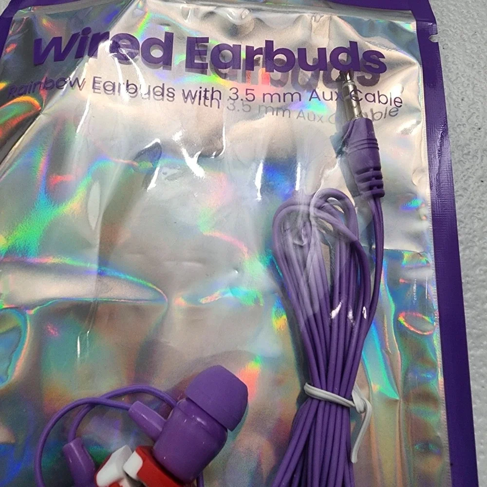 Purple Wired Earbuds 3.5 Aux Cable/ 3ft USB-C Charge Cable Rainbow Charms New